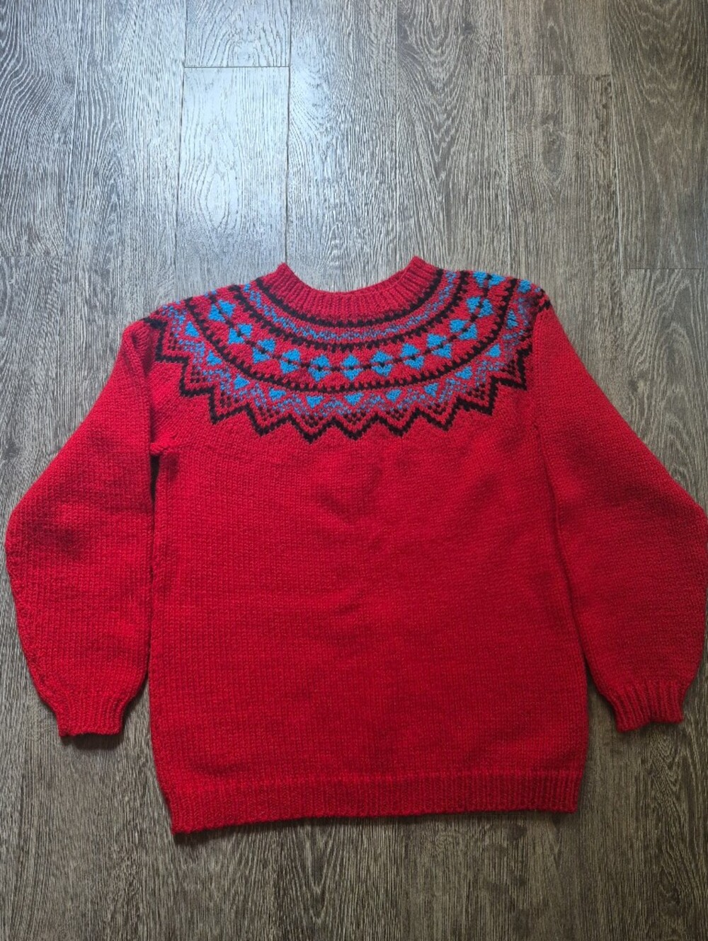 Handknit Fisherman Aran Knit Sweater Red Black Blue Large